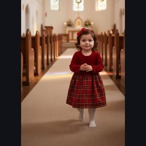 LITO RED STRETCH VELVET W/ PLAID DRESS